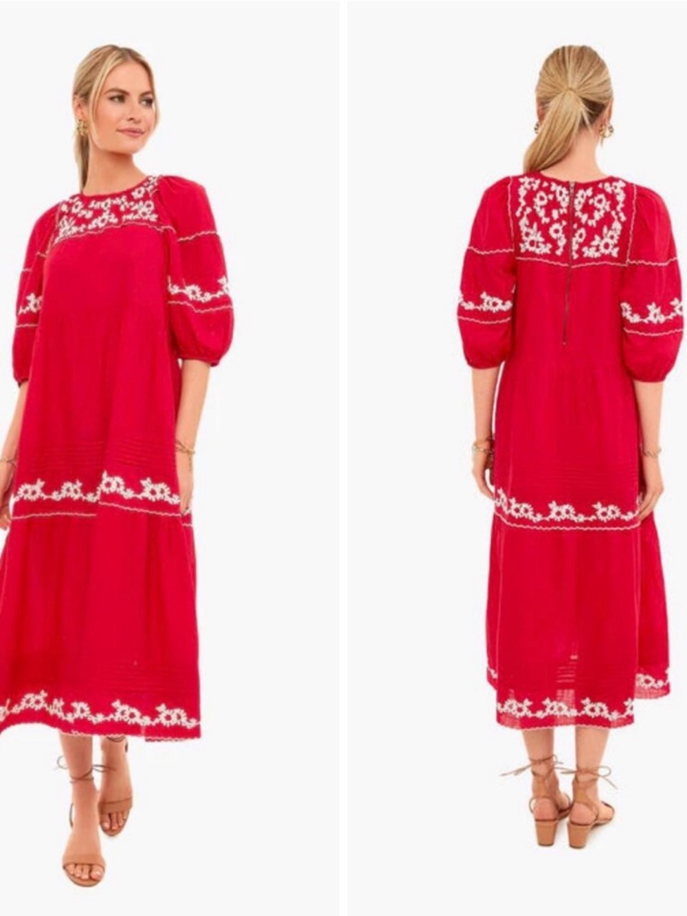 The Great Heirloom Red Midi Dress Floral Embroidered Resort Cotton 0